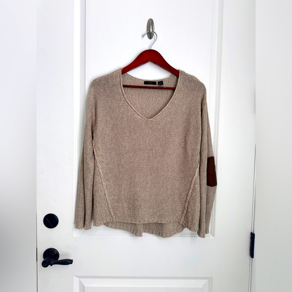RDI Beige V-Neck Women’s lightweight Sweater with Elbow Patches - Size L